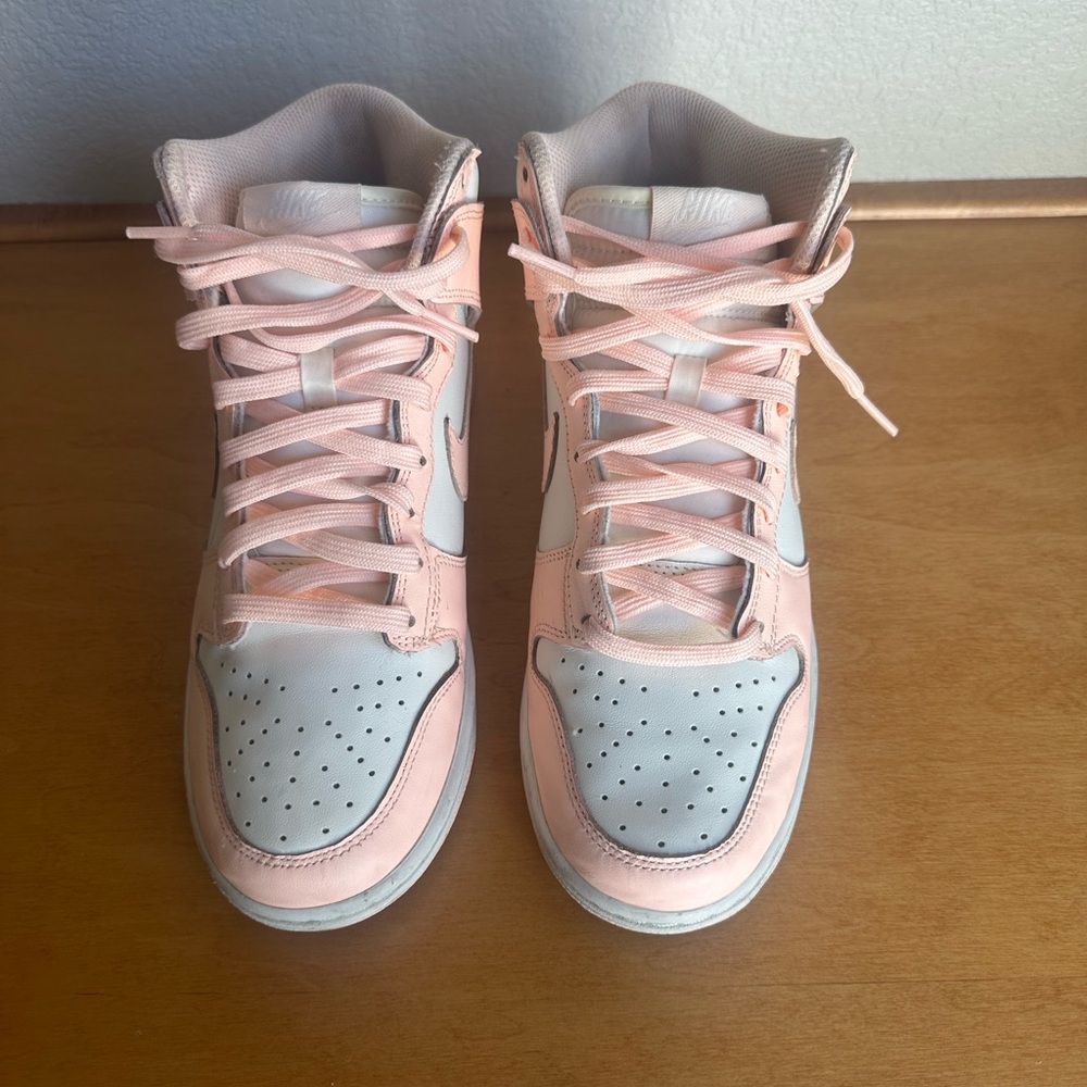 Women's Nike Pink and White Dunk High Sneakers
